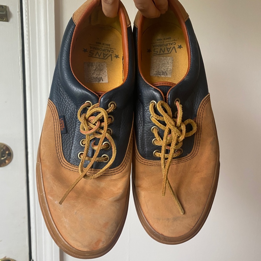 Navy leather and camel suede Vans
